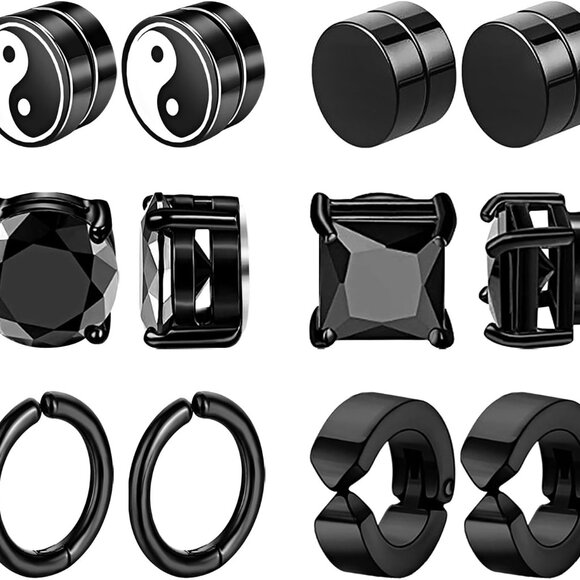 Men's Black Stainless Steel Magnetic Non Piercing Earrings, Stylish CZ Studs, 6 - Picture 1 of 7